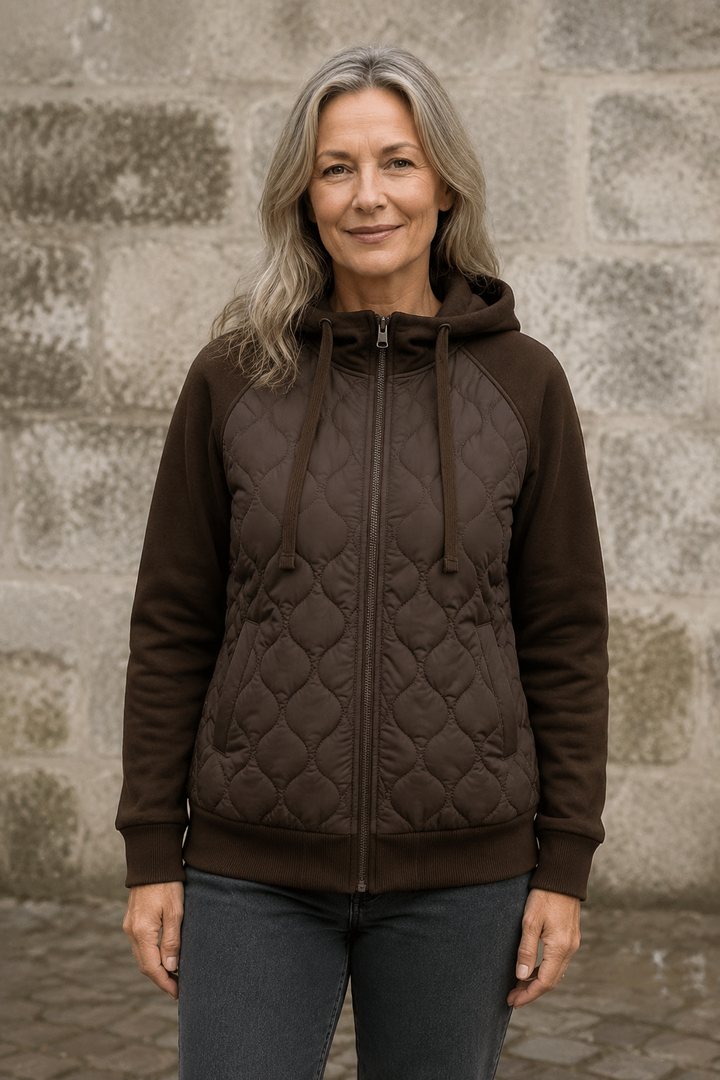 Natalie brown quilted hoodie jacket closed