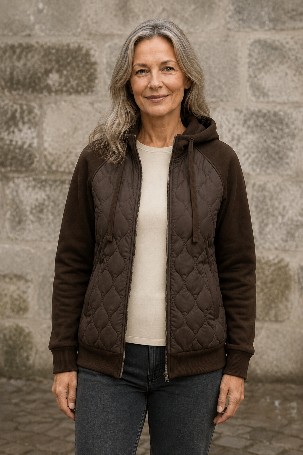 Natalie brown quilted hoodie jacket open matched background