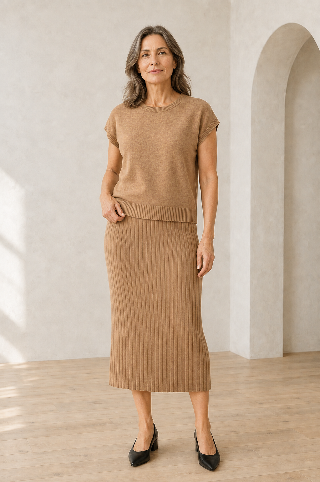 Noella | Cotton Rib Sleeveless Set - Camel