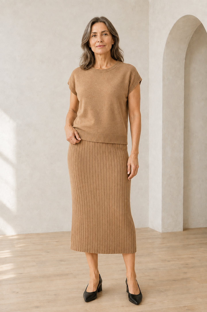 Noella | Cotton Rib Sleeveless Set - Camel