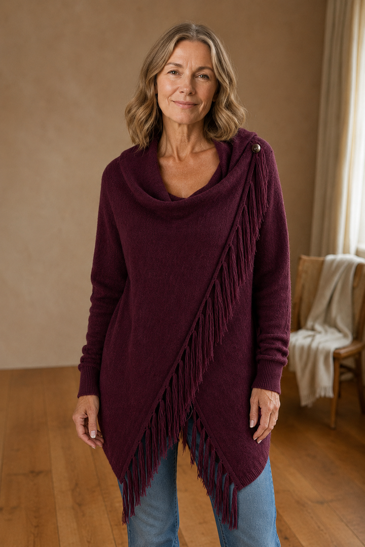 Norma | Draped Neck Fringe Trim Wrap Sweater - Burgundy