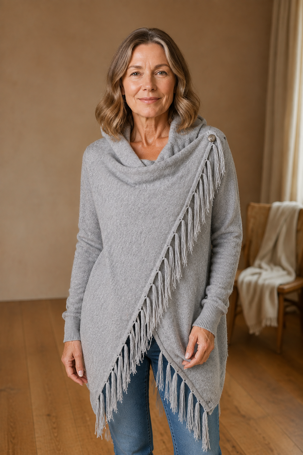 Norma | Draped Neck Fringe Trim Wrap Sweater - Gray