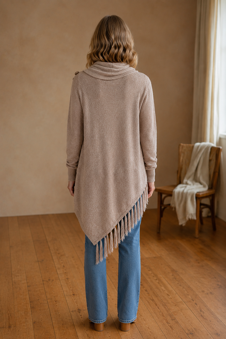 Norma | Draped Neck Fringe Trim Wrap Sweater - Khaki