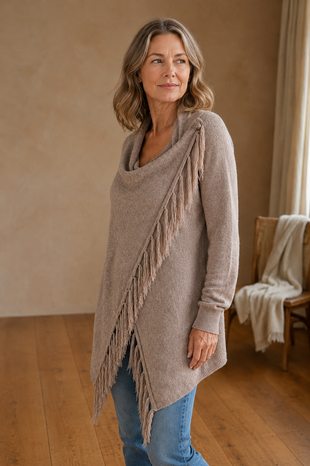 Norma | Draped Neck Fringe Trim Wrap Sweater - Khaki