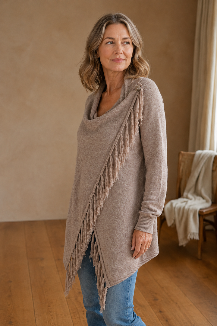 Norma | Draped Neck Fringe Trim Wrap Sweater - Khaki