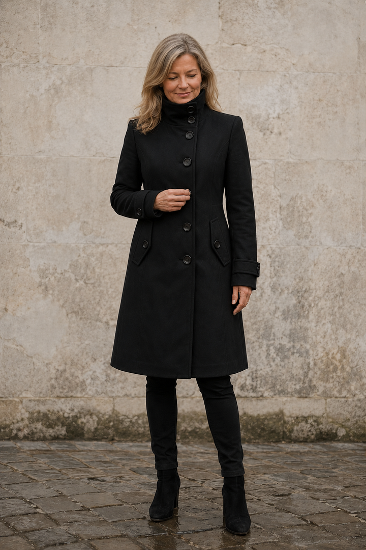 Odalie | Double-Breasted Funnel Coat - Black