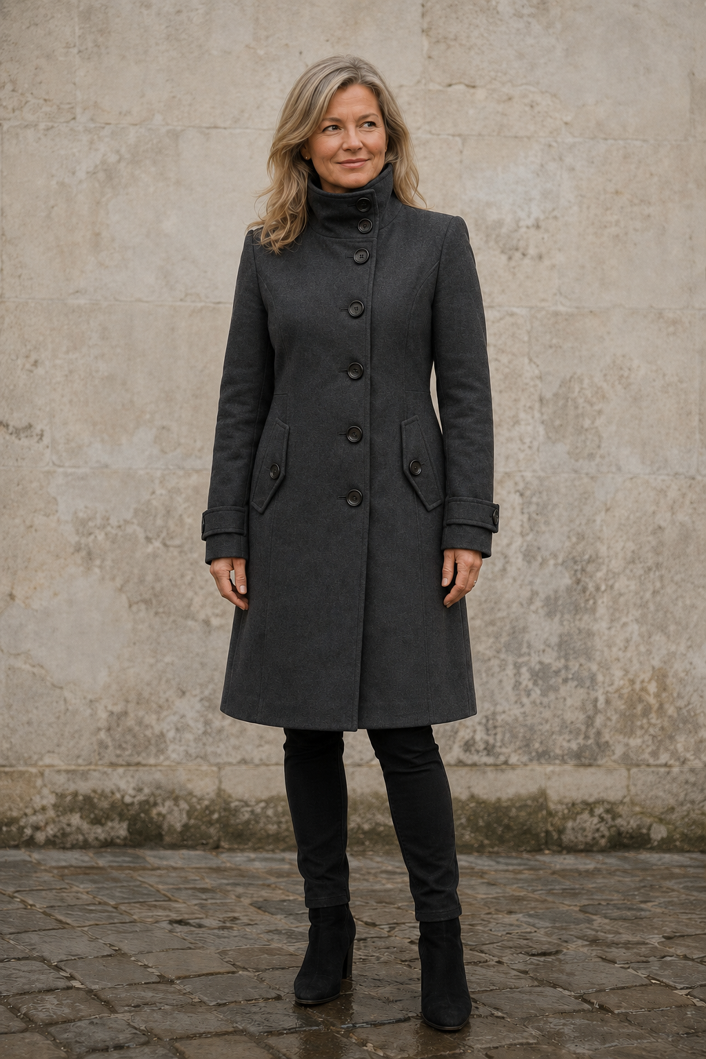 Odalie | Double-Breasted Funnel Coat - Dark Grey