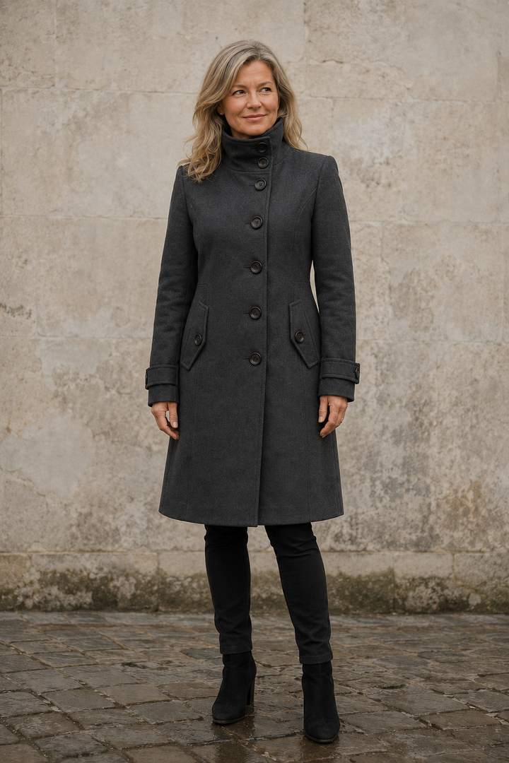 Odalie | Double-Breasted Funnel Coat - Dark Grey