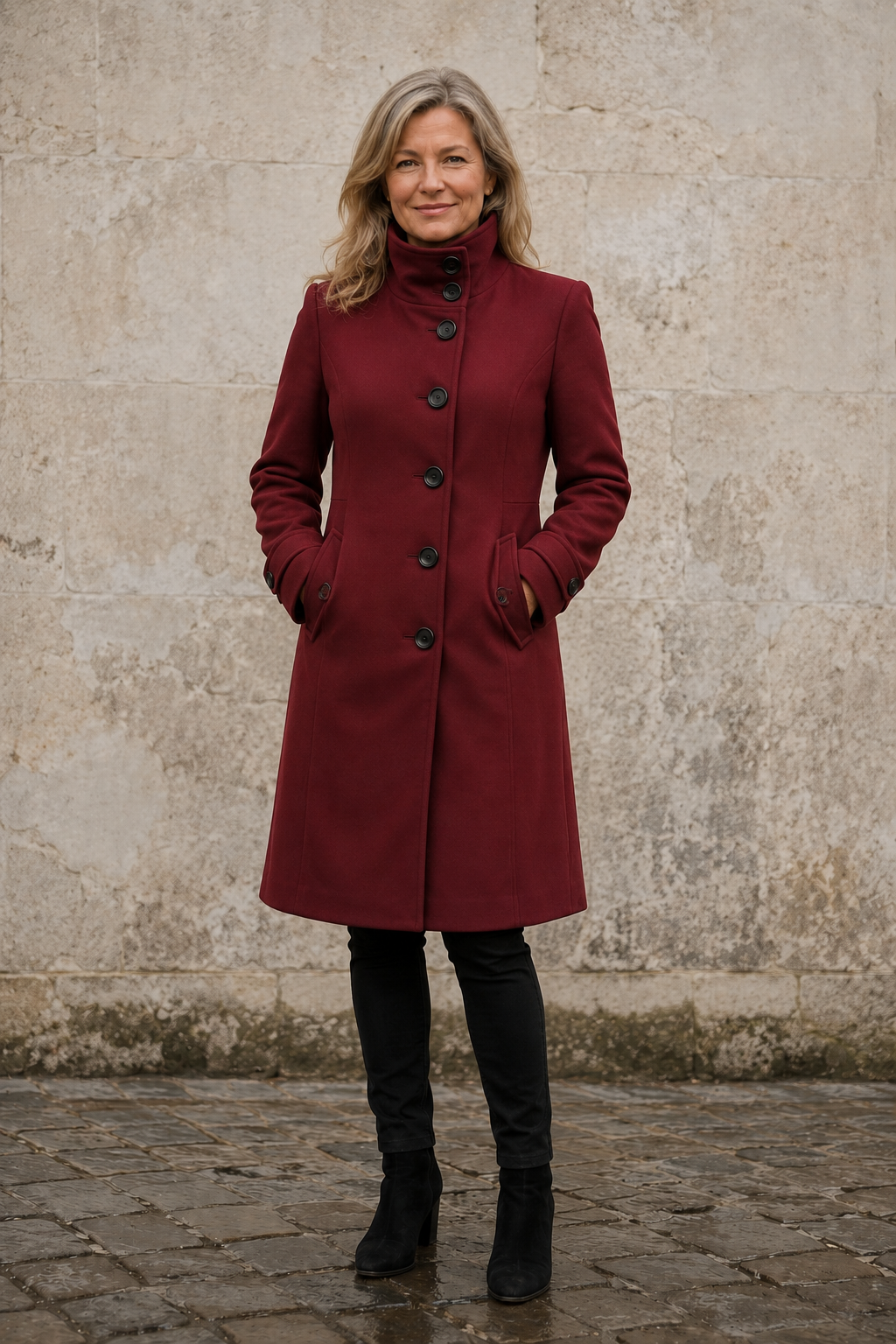 Odalie | Double-Breasted Funnel Coat - Red
