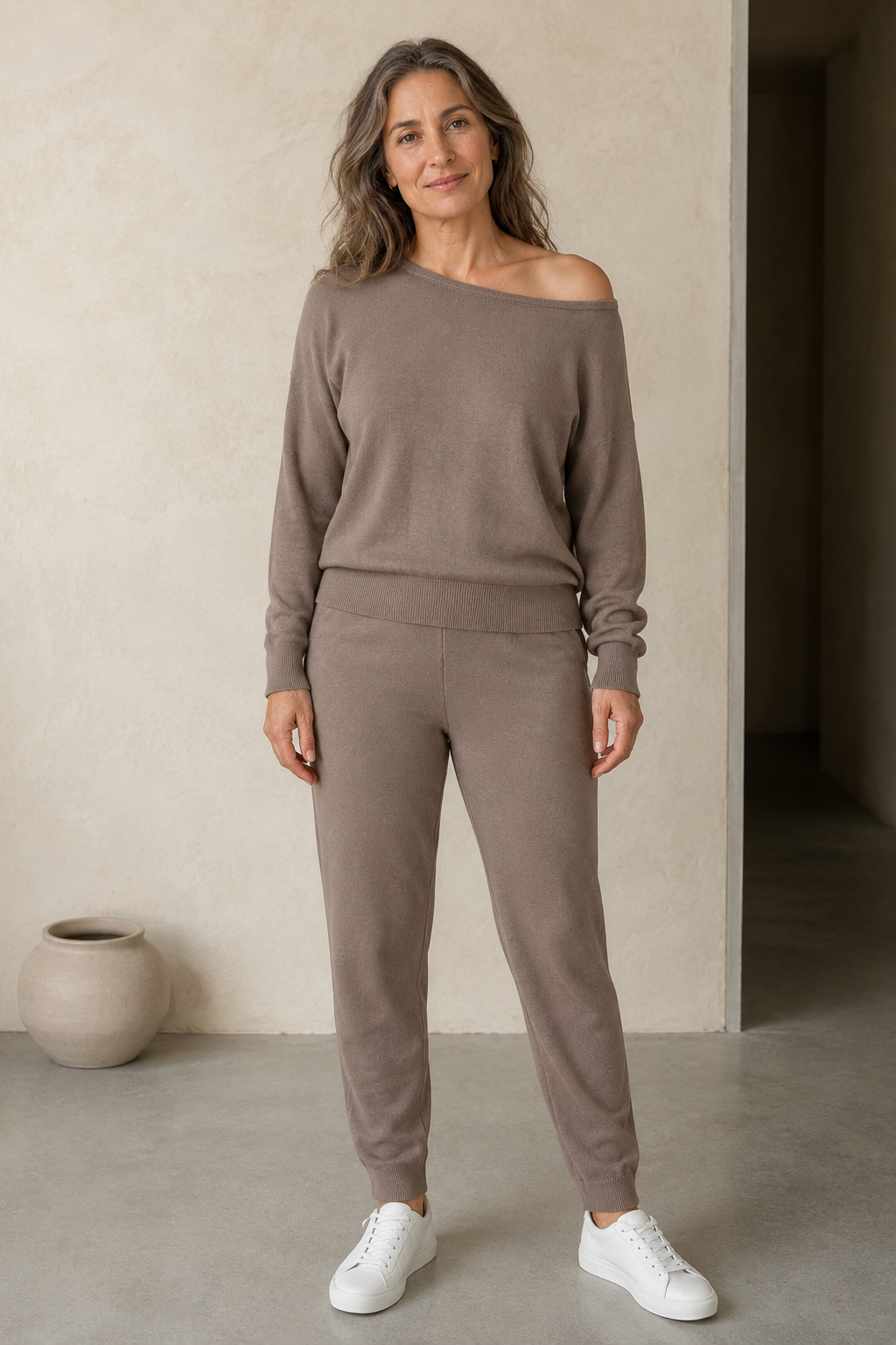 Full-length editorial image of Off Shoulder Knit Two Piece Set