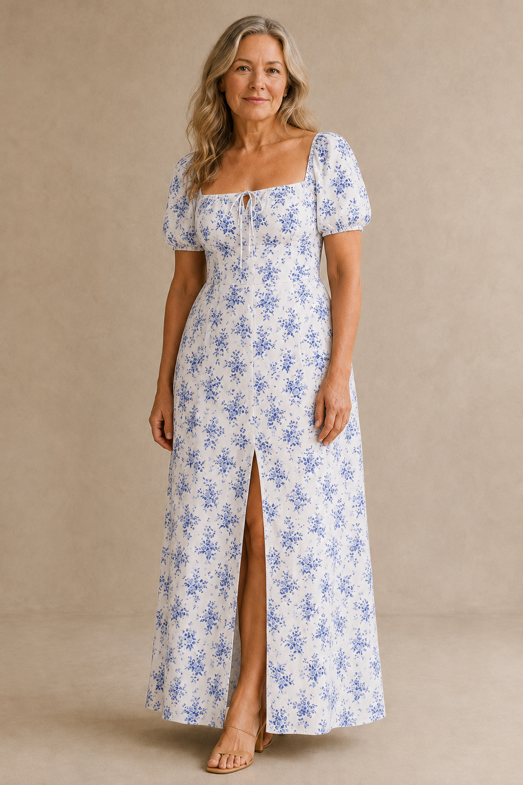 Painterly Floral Split Hem Dress - Blue Floral