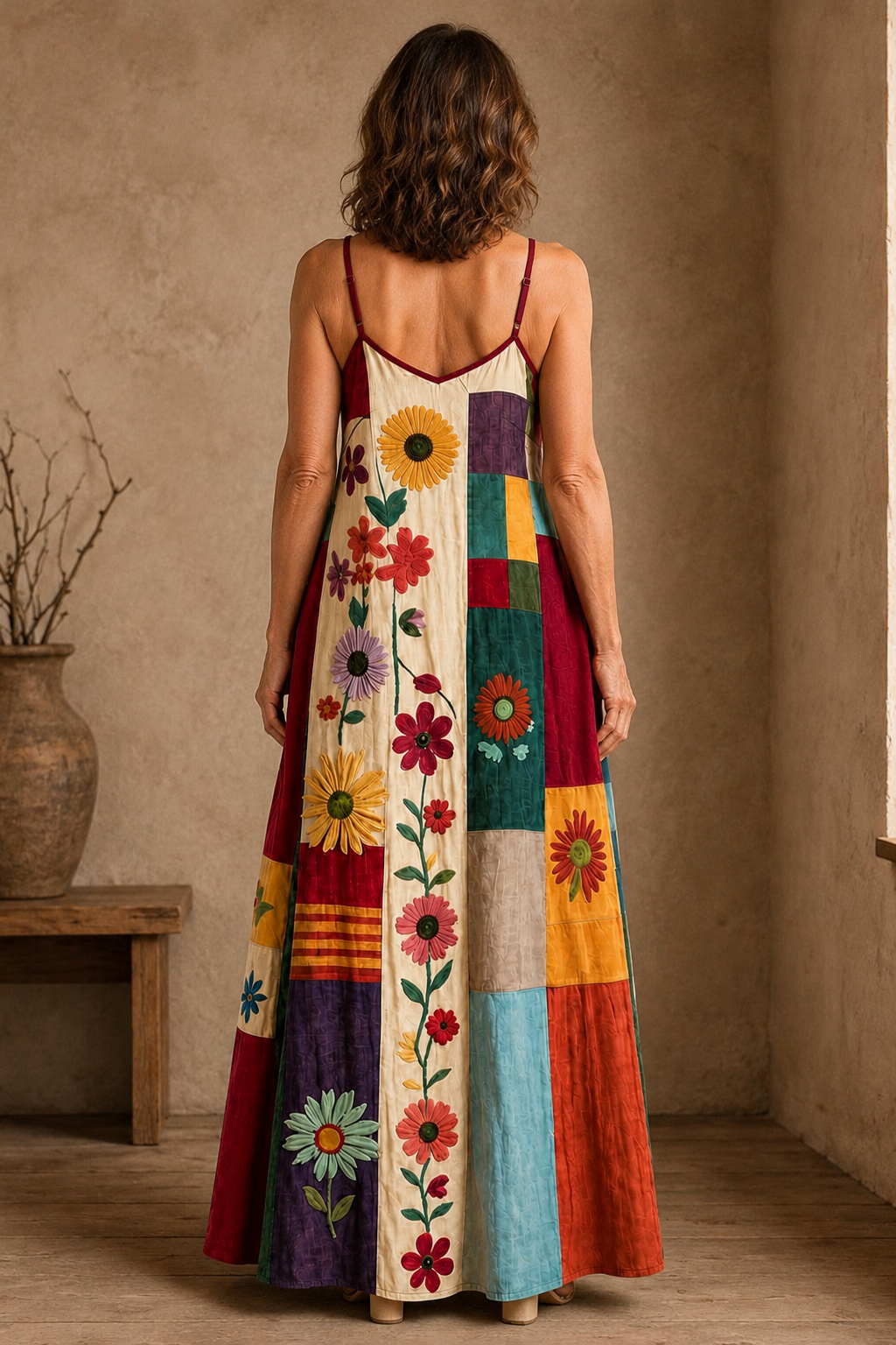 Patchwork Panel Strappy Maxi Dress - back view