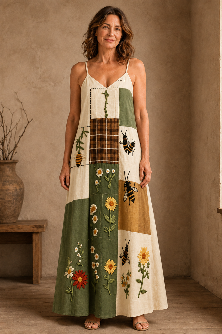 Patchwork Panel Strappy Maxi Dress - Green