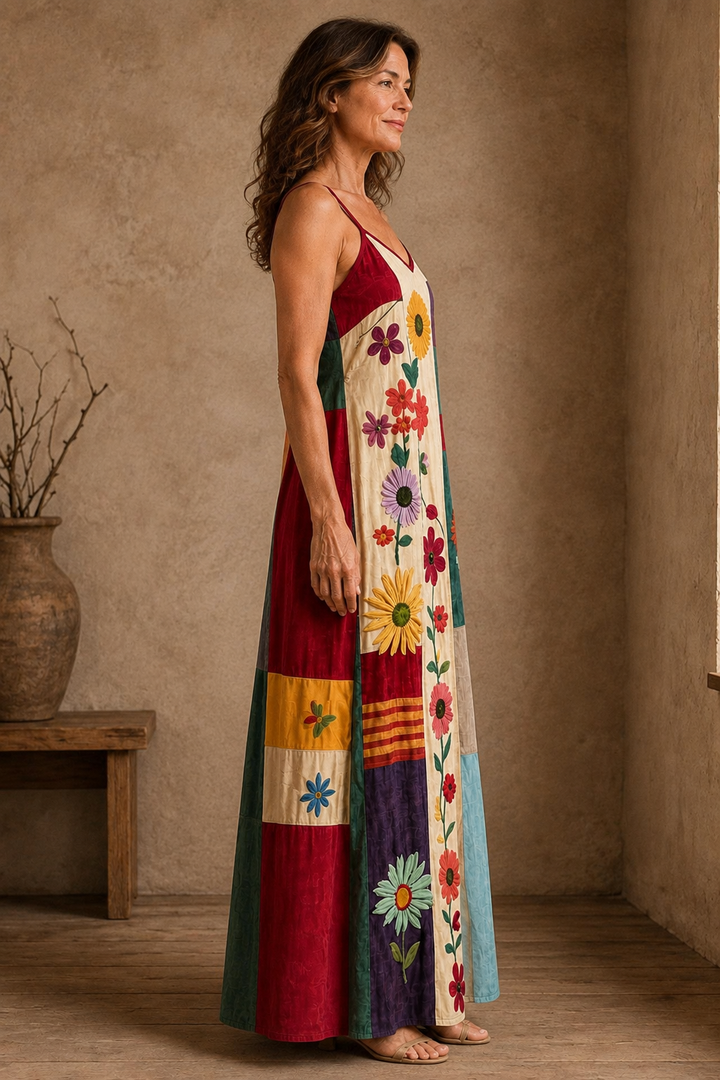 Patchwork Panel Strappy Maxi Dress - left side view