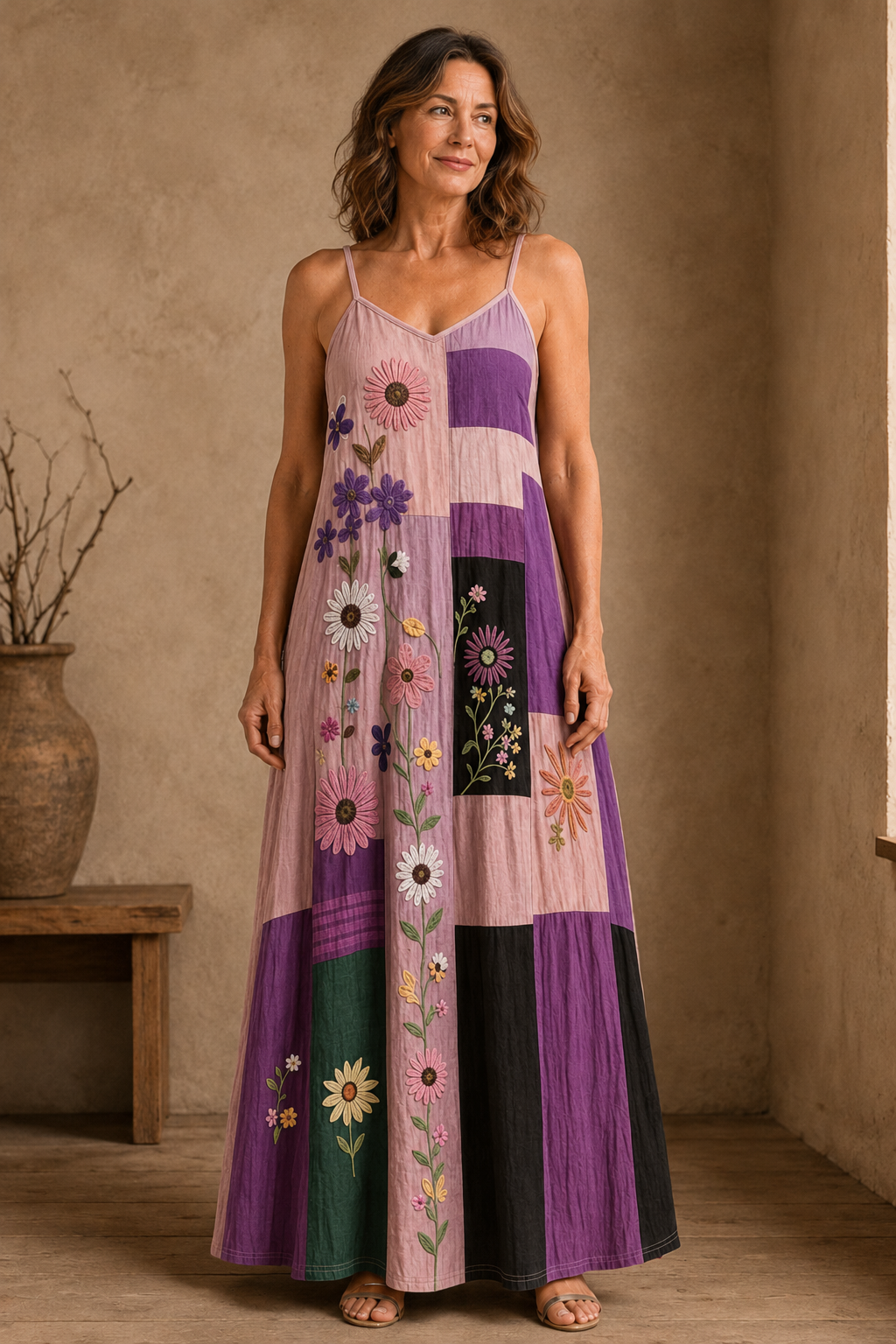 Patchwork Panel Strappy Maxi Dress - Purple