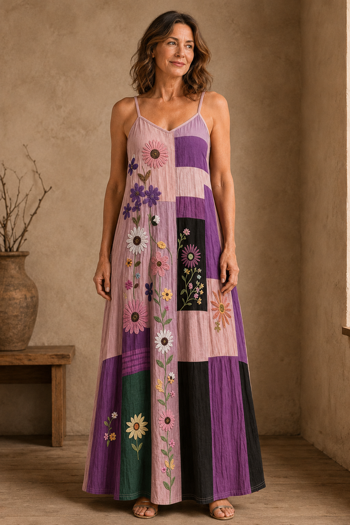 Patchwork Panel Strappy Maxi Dress - Purple