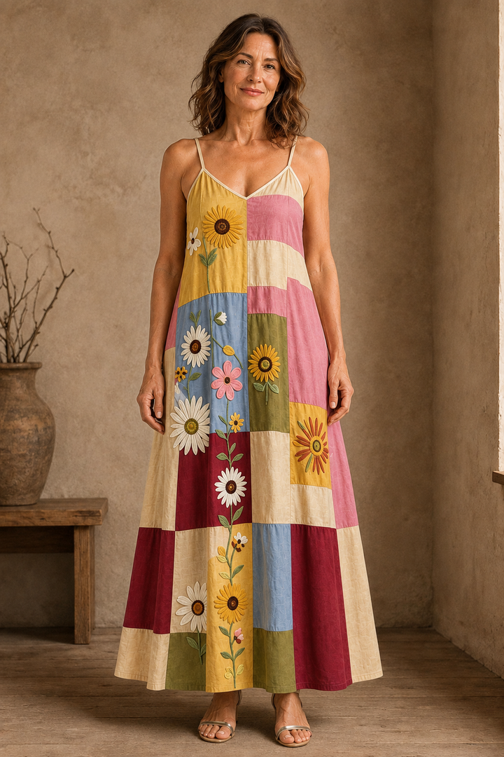 Patchwork Panel Strappy Maxi Dress - Yellow