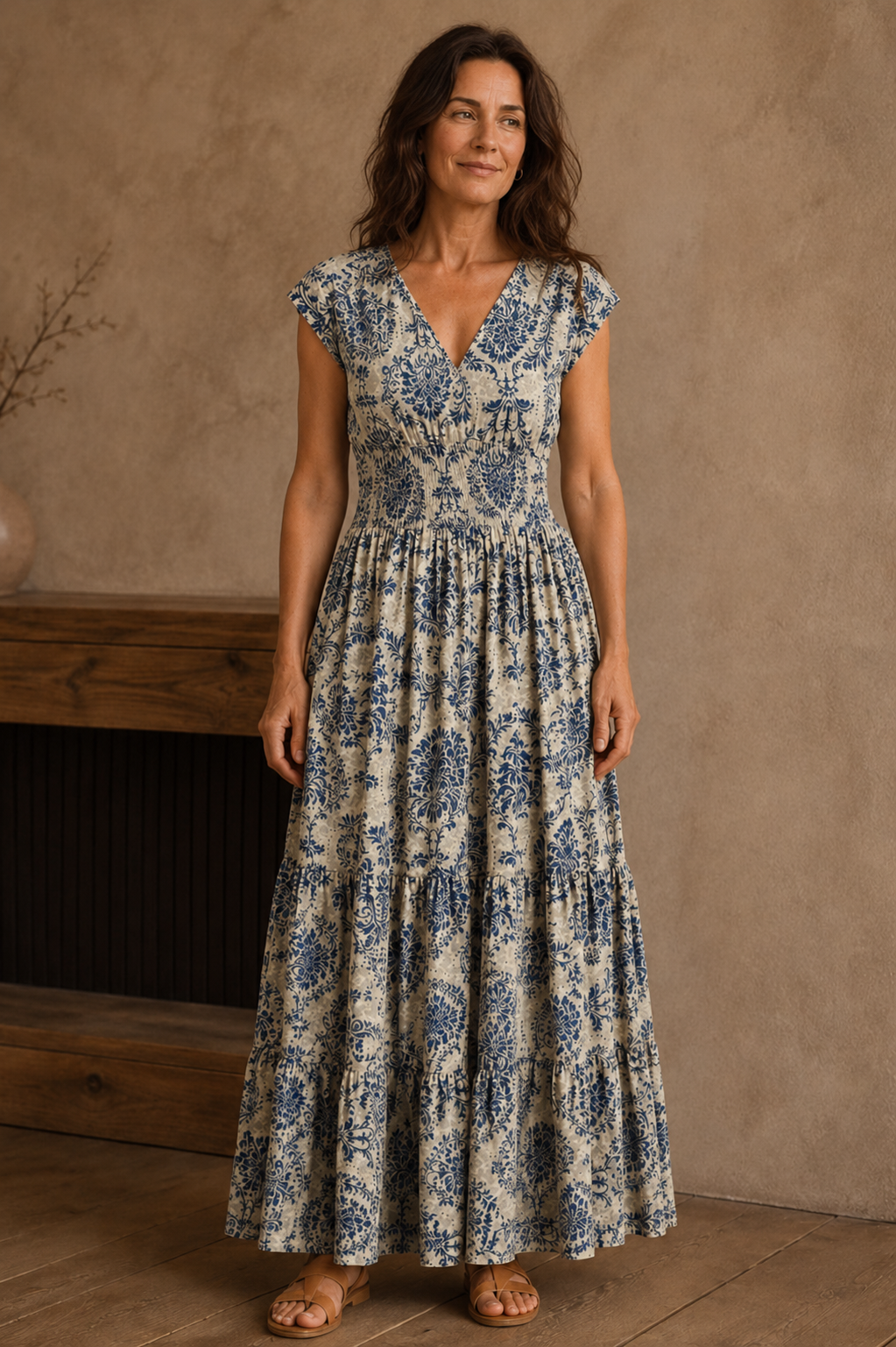 Patchwork Print Short Sleeve Maxi Dress - Blue
