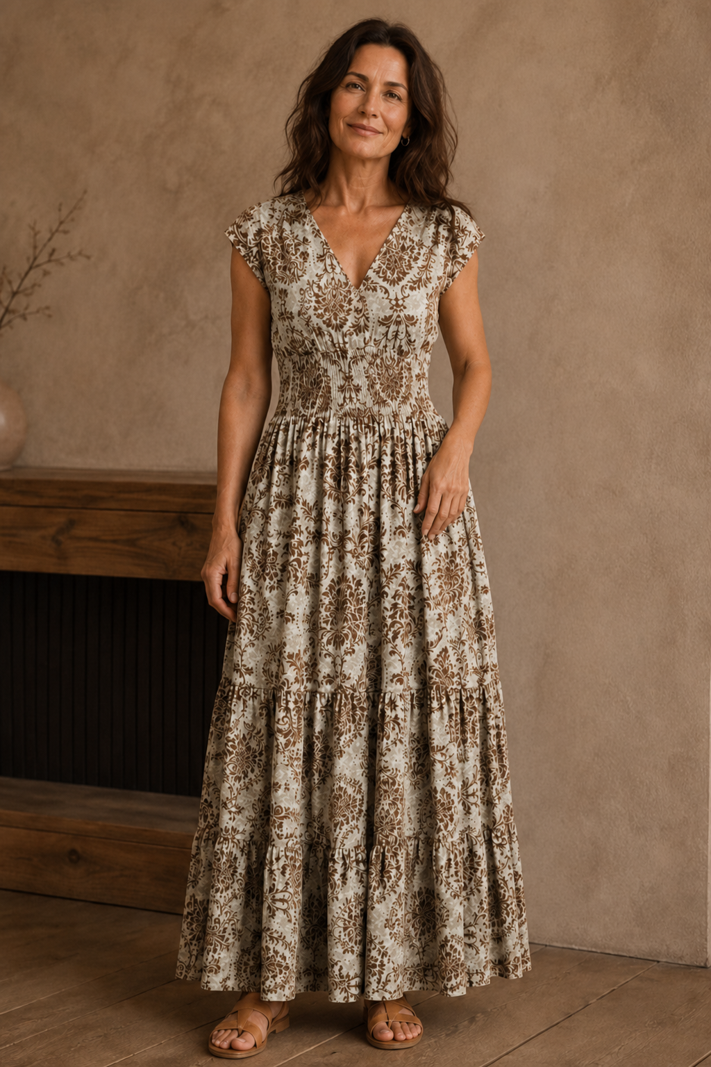 Patchwork Print Short Sleeve Maxi Dress - Brown