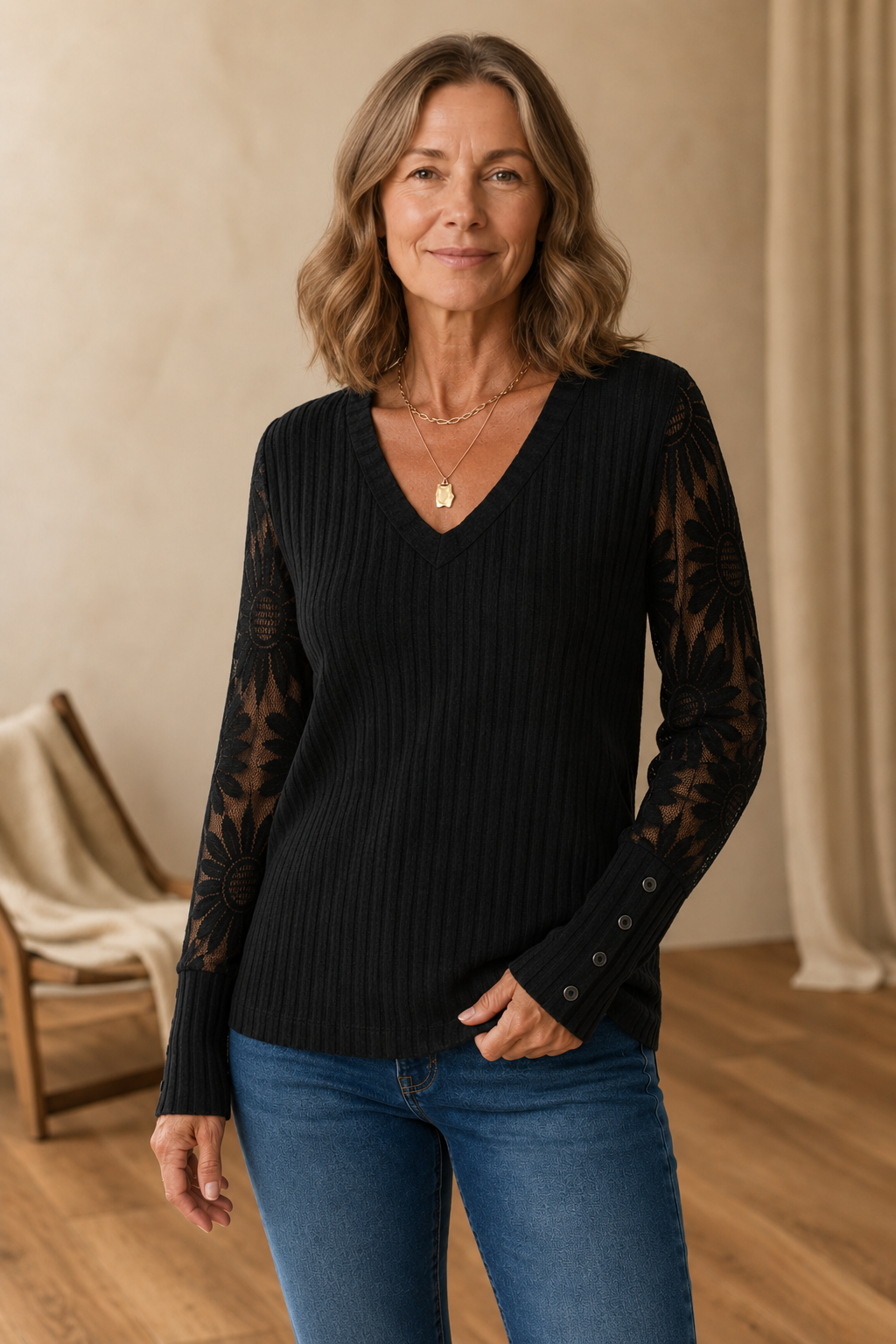 Phyllis | Mesh Panel Long Sleeve Knit Top - Black