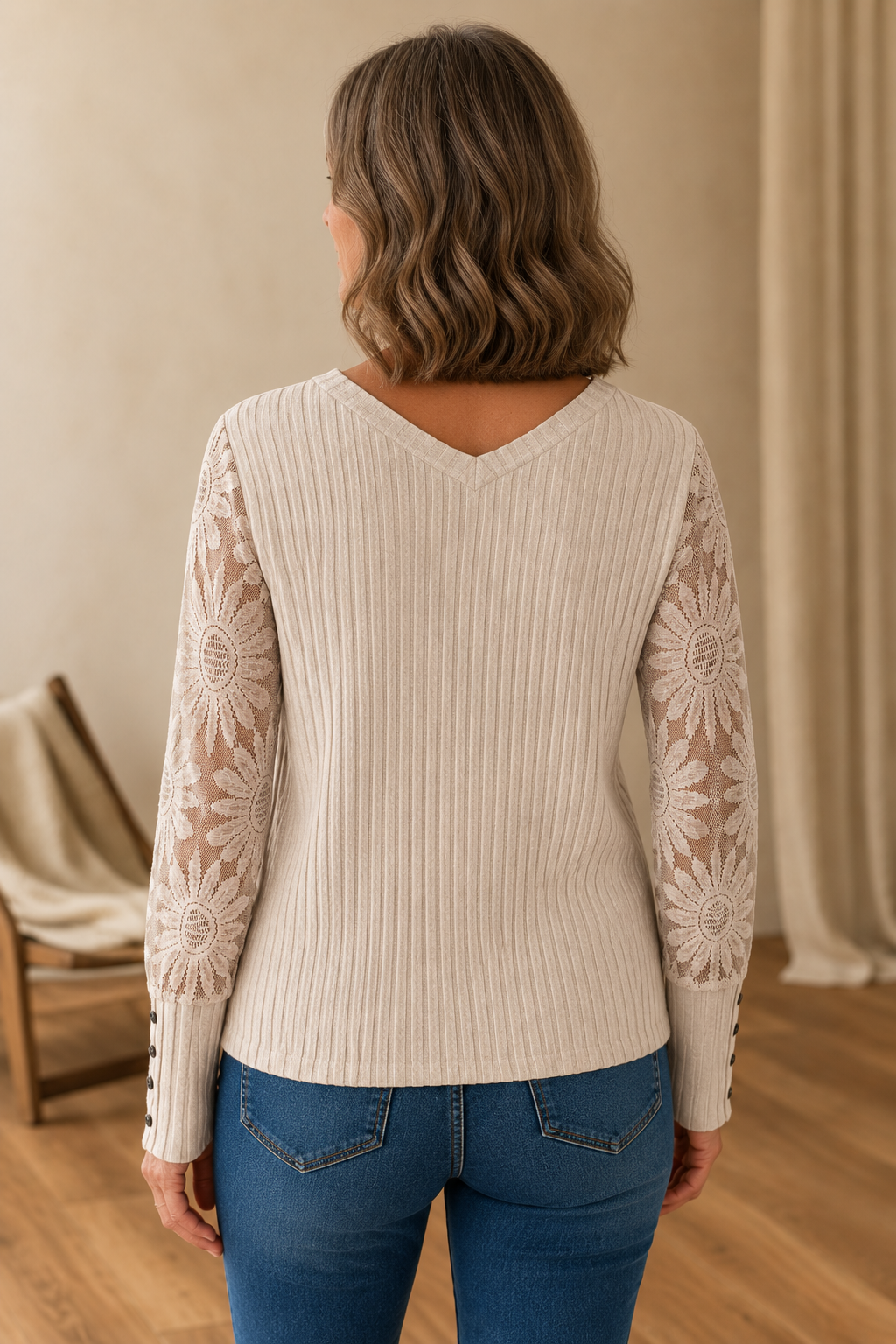 Phyllis | Mesh Panel Long Sleeve Knit Top - Khaki