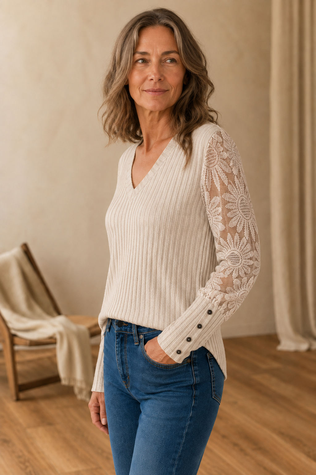 Phyllis | Mesh Panel Long Sleeve Knit Top - Khaki