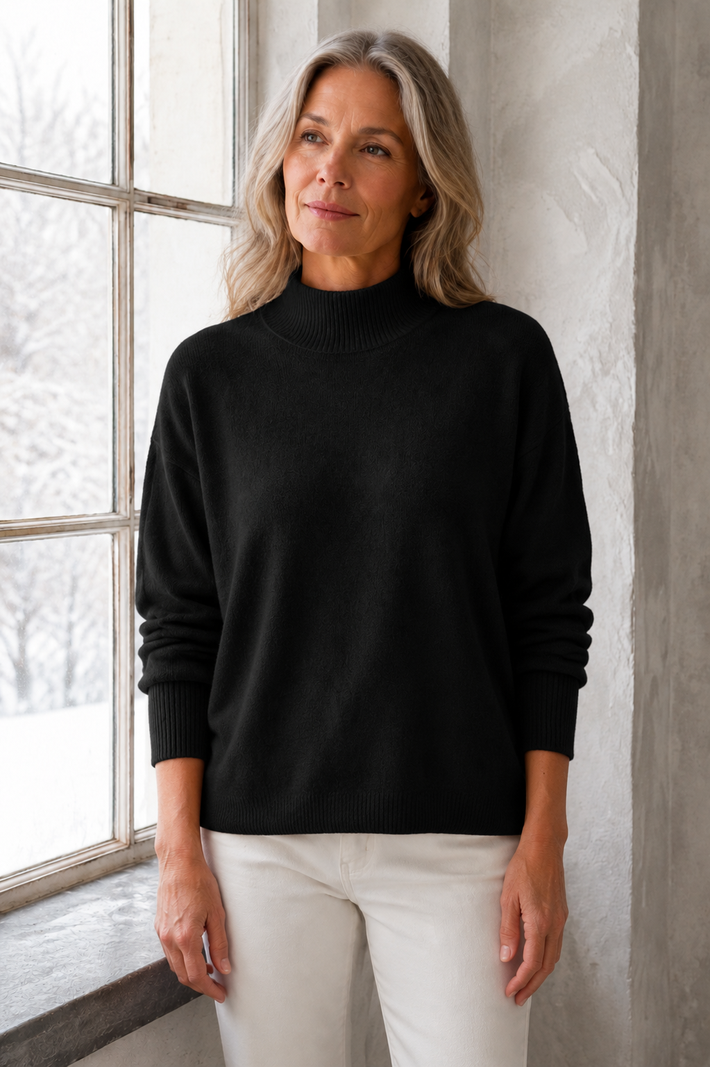 Piper | Drop Shoulder Mock Neck Sweater - Black
