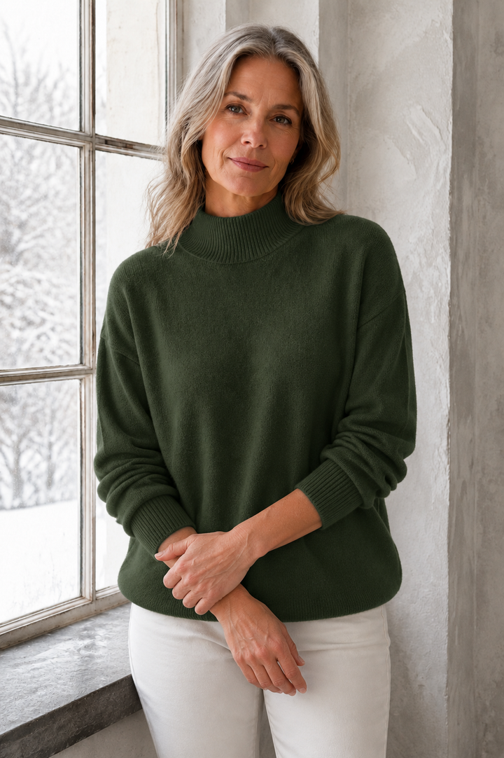 Piper | Drop Shoulder Mock Neck Sweater - Dark Green