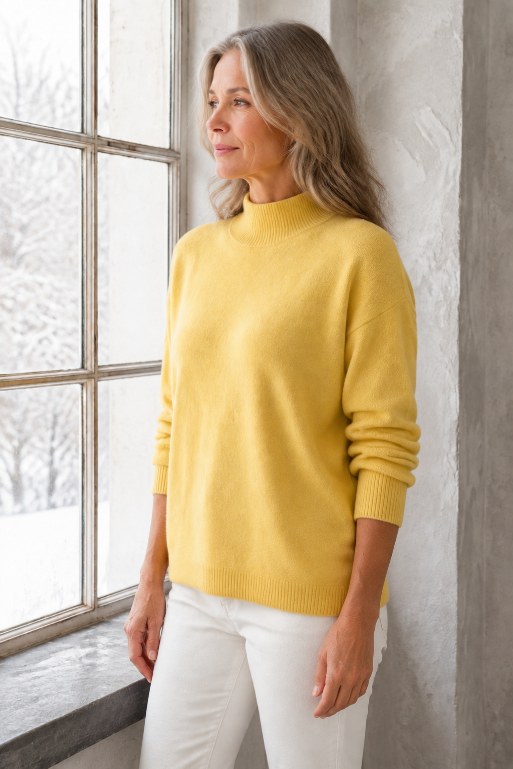 Piper | Drop Shoulder Mock Neck Sweater - Yellow