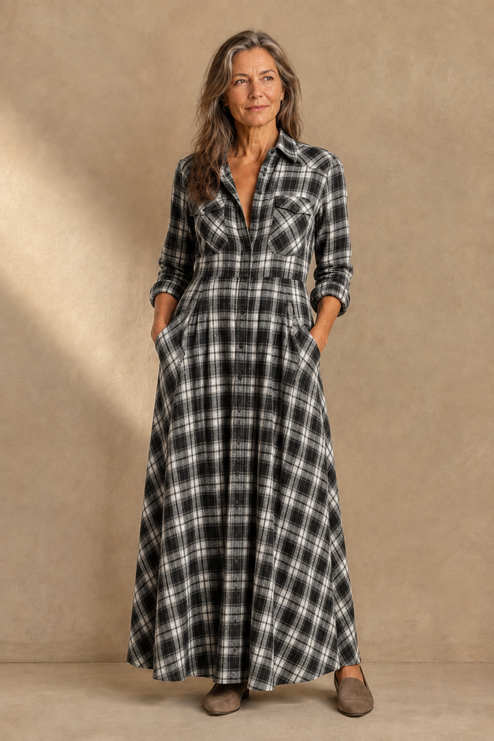 Plaid Cotton Blend Shirt Dress - Black
