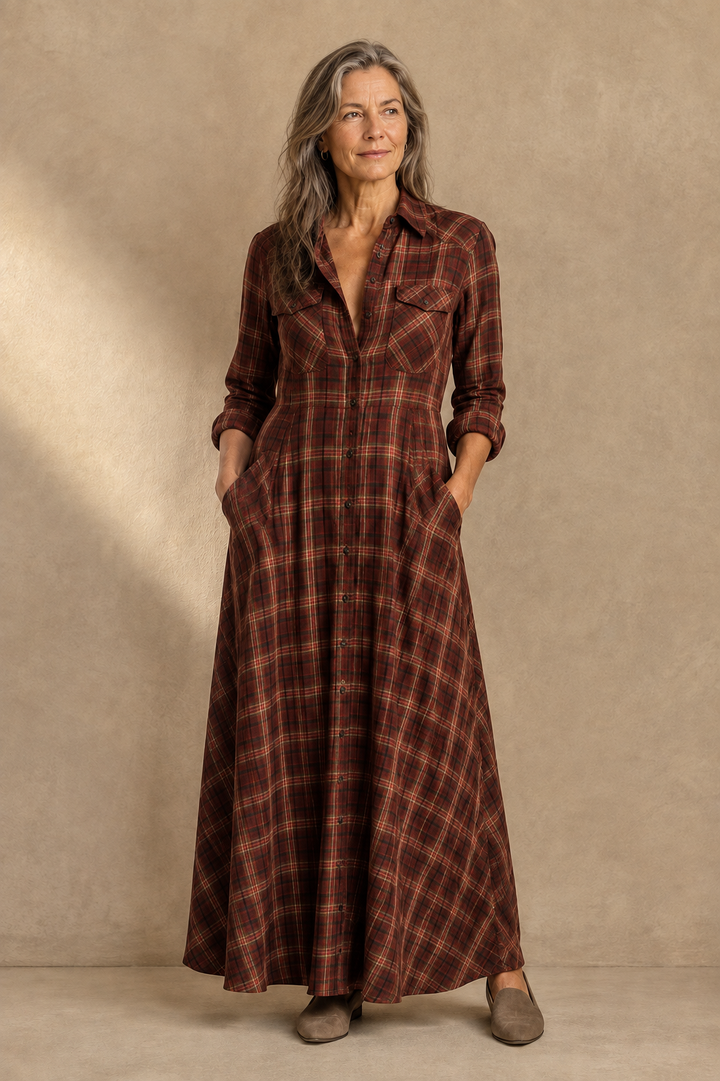 Plaid Cotton Blend Shirt Dress - Rust