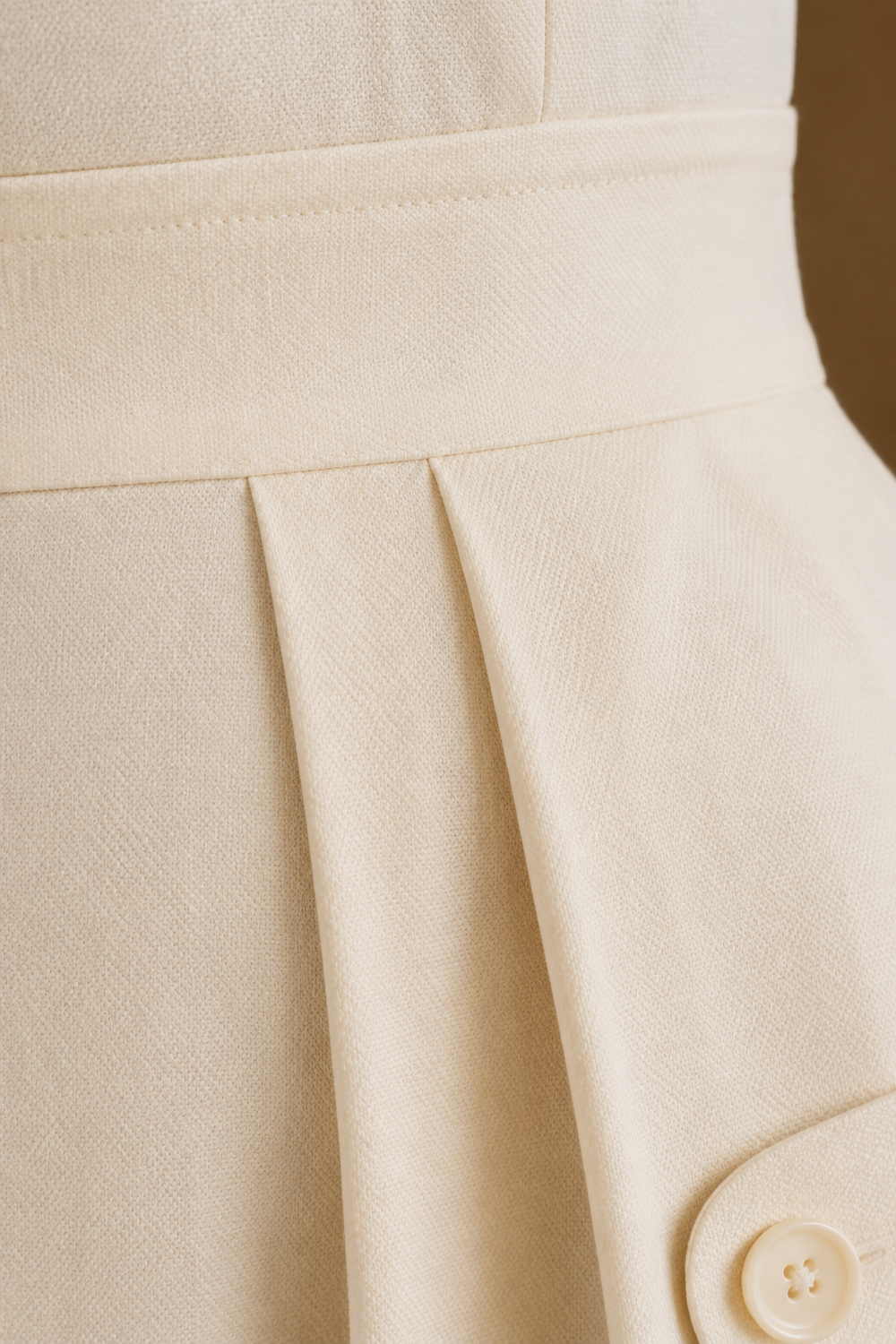 Pleated Button Front Maxi Dress – macro close-up of woven fabric, waistband and pleats