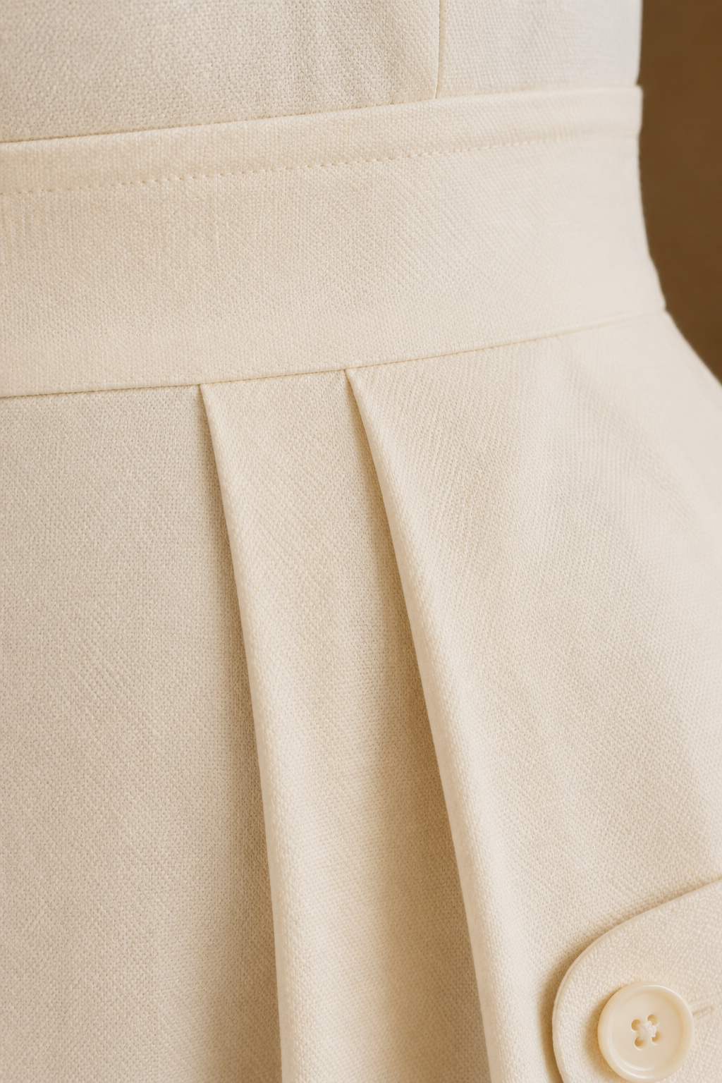 Pleated Button Front Maxi Dress – macro close-up of woven fabric, waistband and pleats