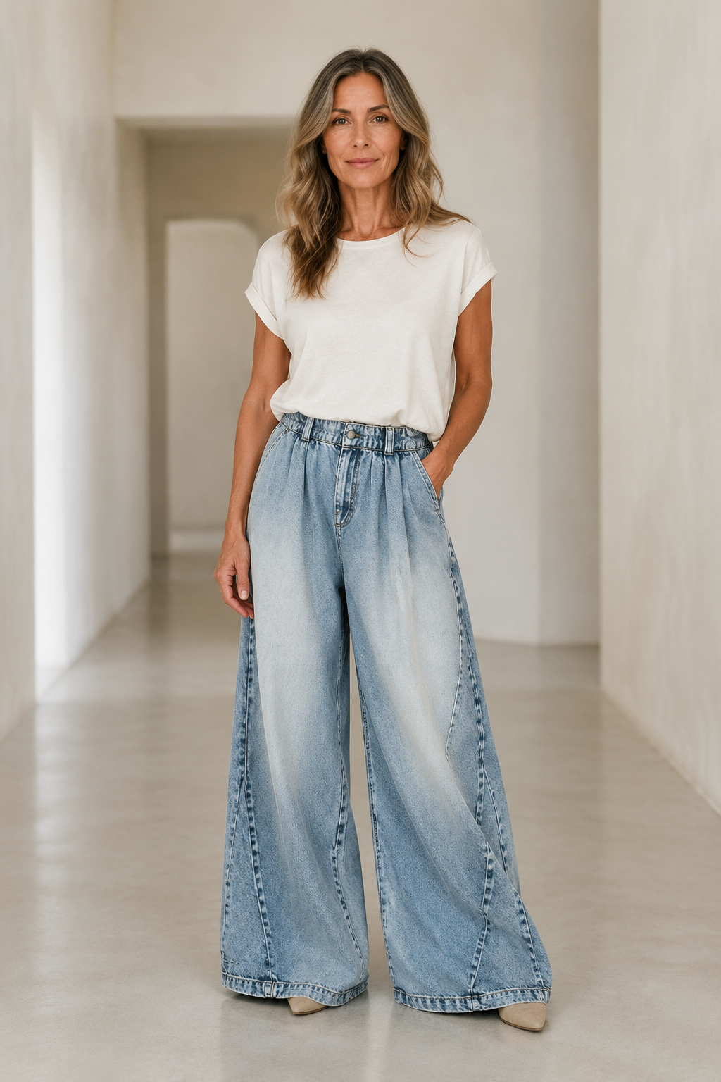Pleated Cotton Wide Leg Jeans