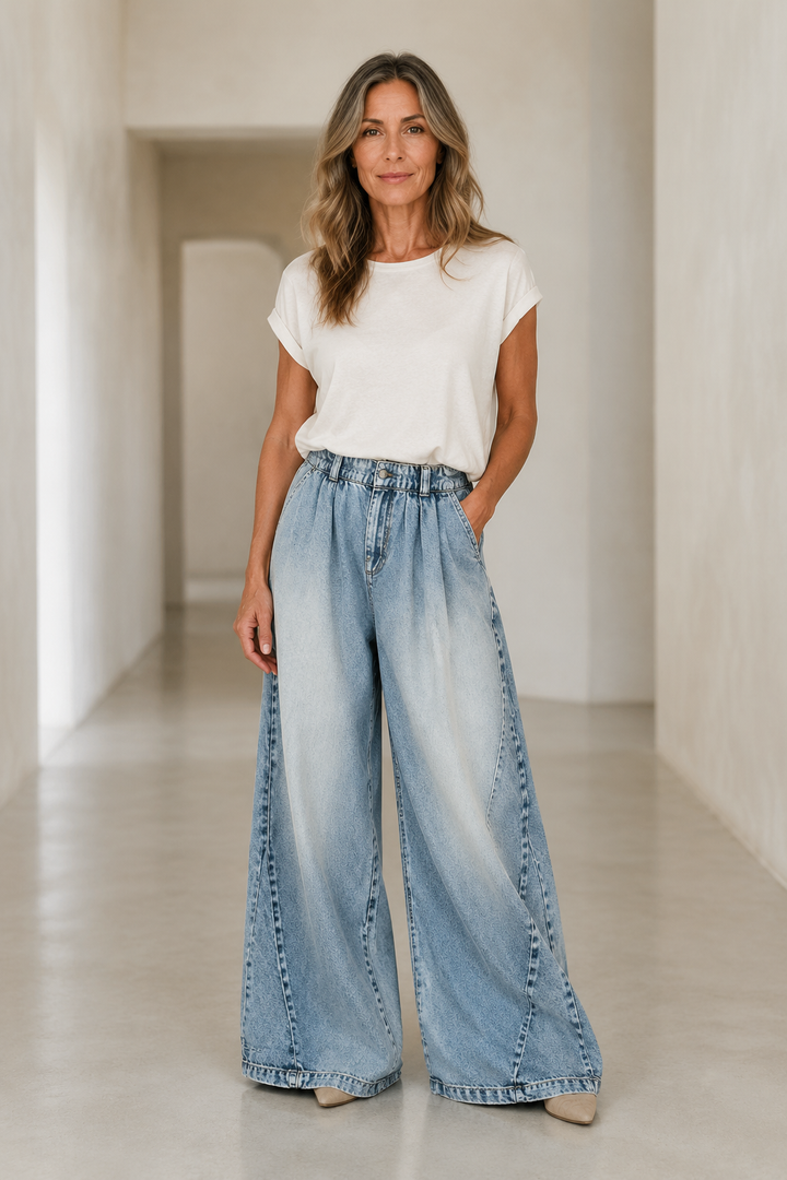 Pleated Cotton Wide Leg Jeans