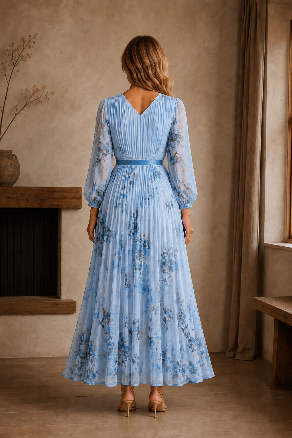 Pleated Floral Tie Waist Maxi Dress back view