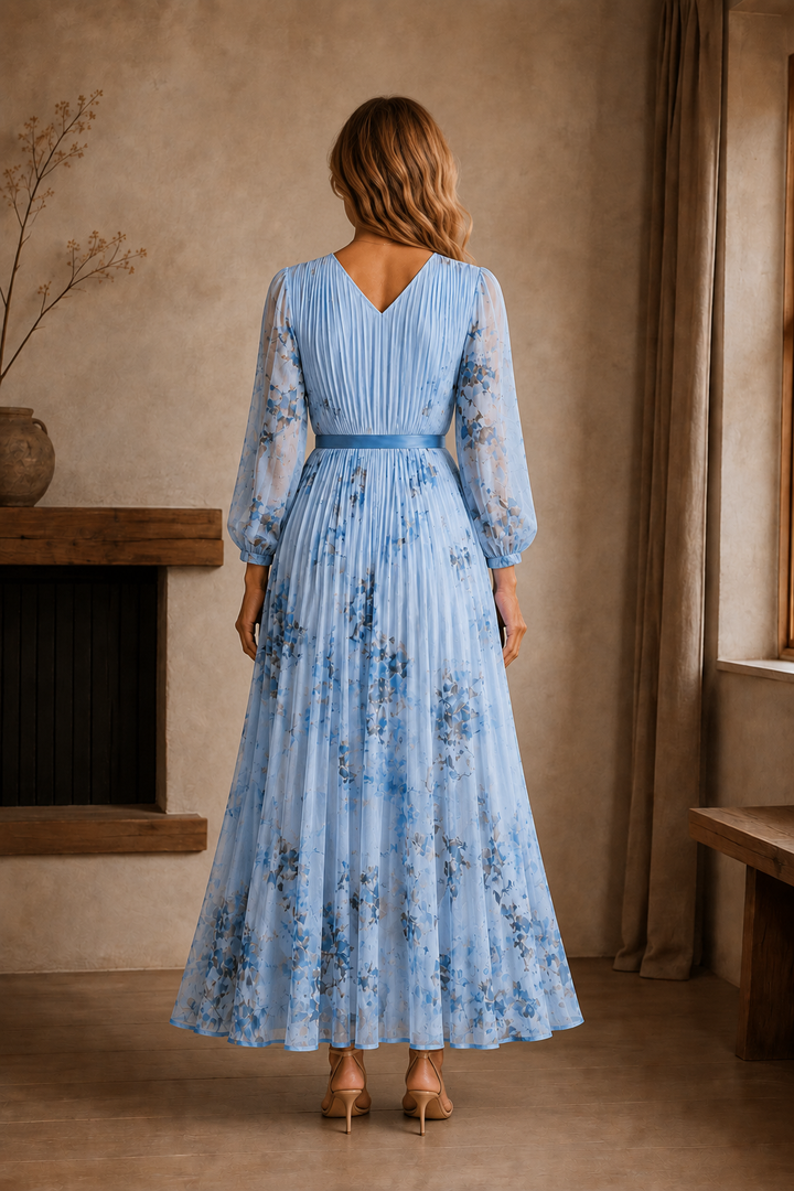 Pleated Floral Tie Waist Maxi Dress back view