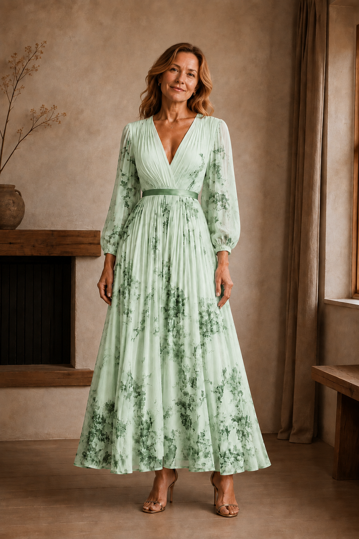 Pleated Floral Tie Waist Maxi Dress - Green