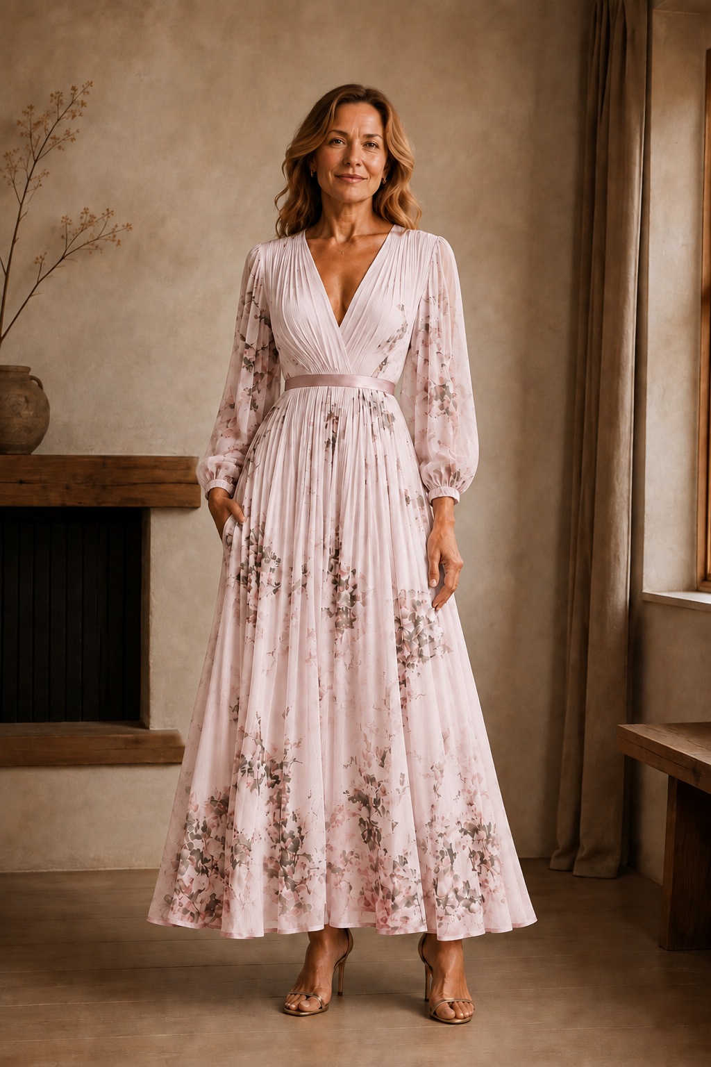 Pleated Floral Tie Waist Maxi Dress - Pink