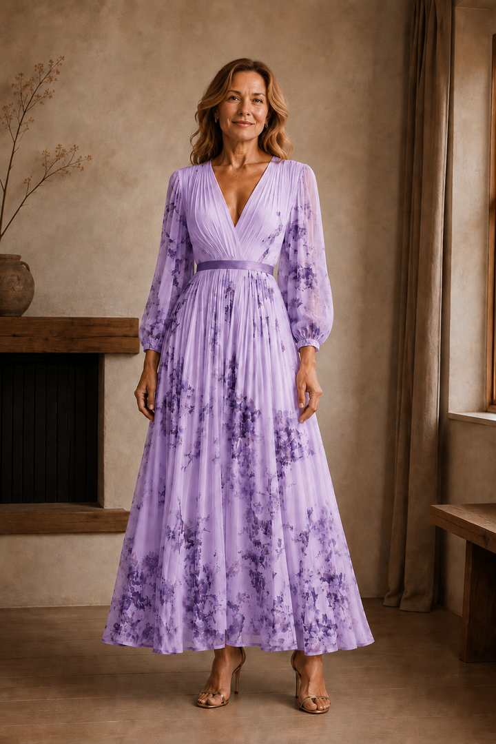 Pleated Floral Tie Waist Maxi Dress - Purple