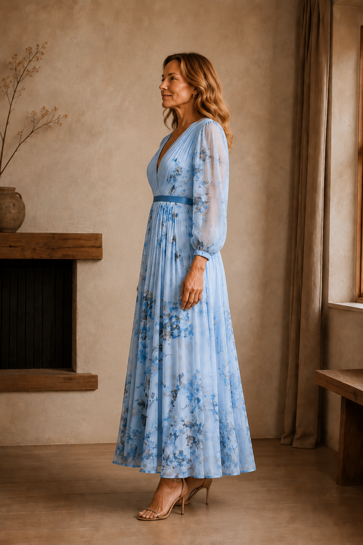 Pleated Floral Tie Waist Maxi Dress side view