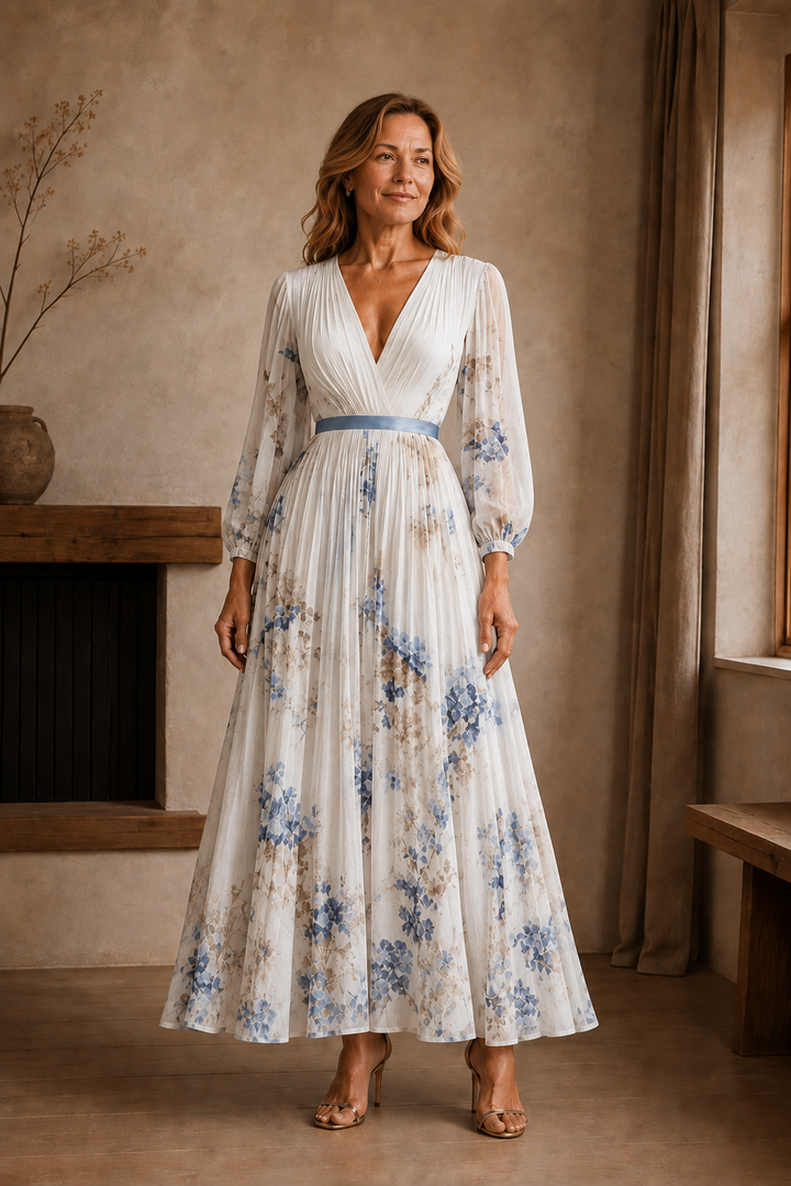 Pleated Floral Tie Waist Maxi Dress - White