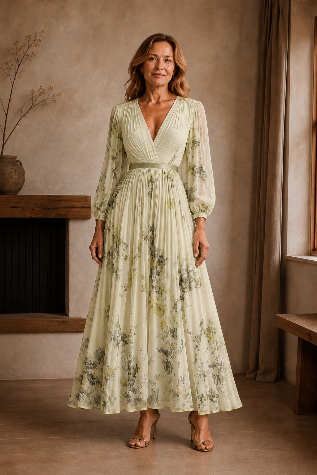 Pleated Floral Tie Waist Maxi Dress - Yellow