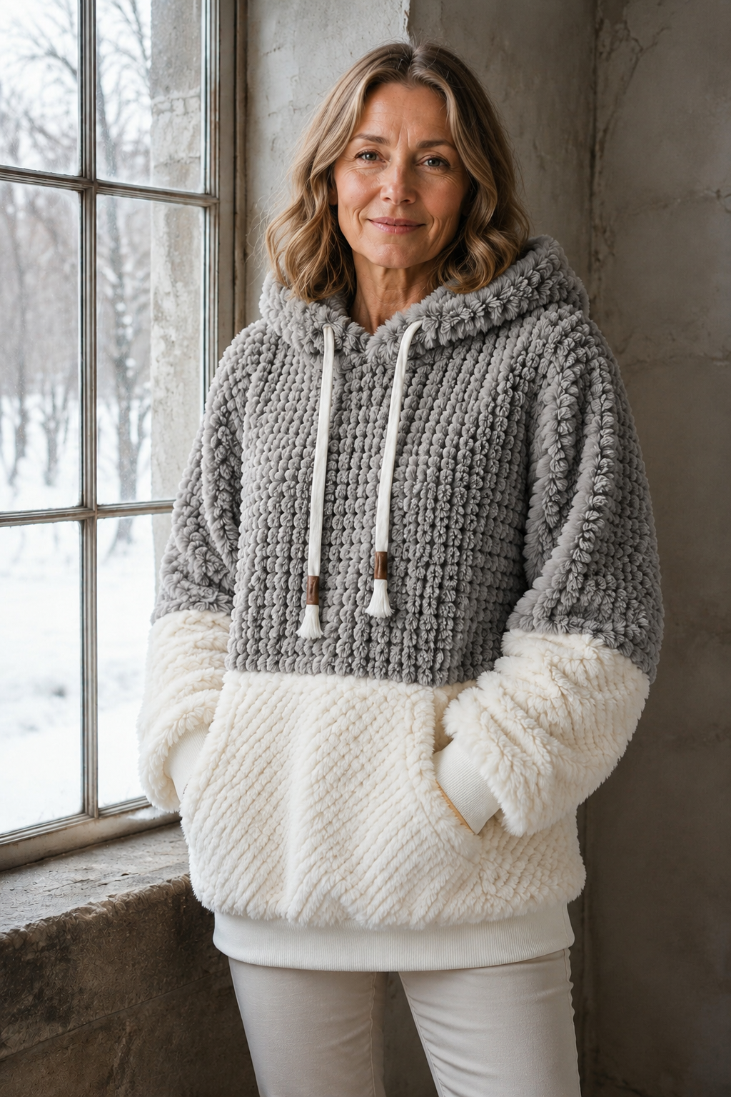 Herfst/winter nieuwe modieuze casual zachte pluche effen kleur patchwork crewneck hoodie met capuchon en koord, lange mouwen, patchzak, warm sweatshirt voor dames - Grijs
