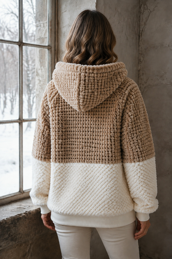 Herfst/winter nieuwe modieuze casual zachte pluche effen kleur patchwork crewneck hoodie met capuchon en koord, lange mouwen, patchzak, warm sweatshirt voor dames - Lichtbruin-1