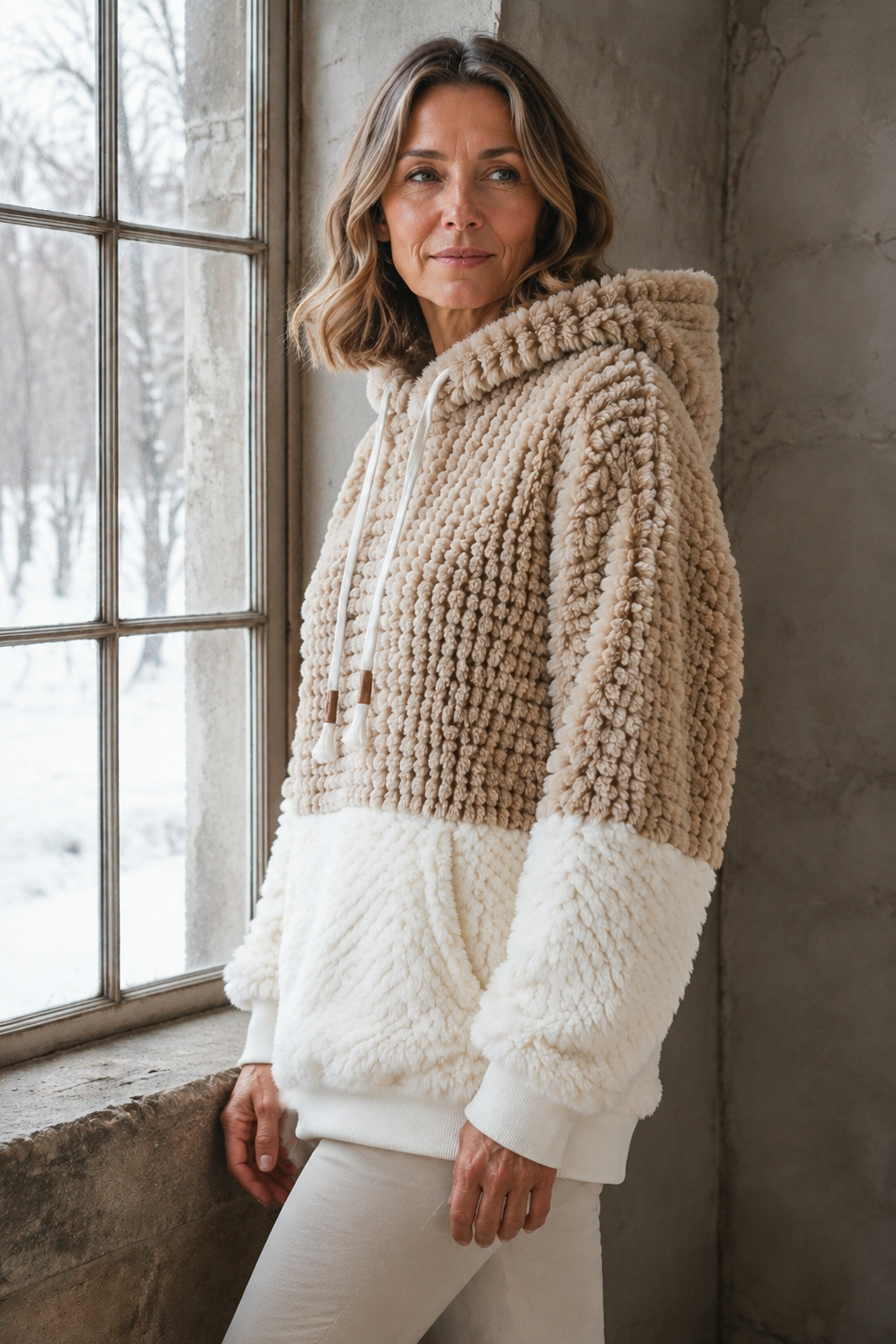 Herfst/winter nieuwe modieuze casual zachte pluche effen kleur patchwork crewneck hoodie met capuchon en koord, lange mouwen, patchzak, warm sweatshirt voor dames - Lichtbruin-1