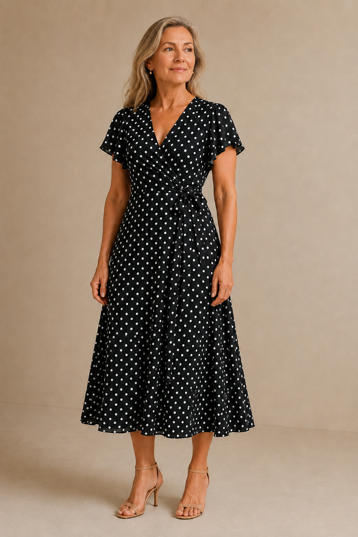 Polka Dot Cross Neck Dress - Black