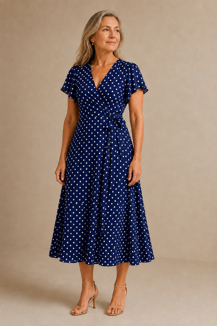 Polka Dot Cross Neck Dress - Blue