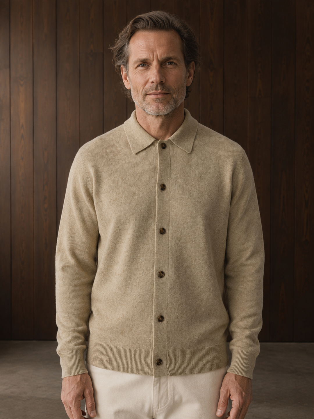 Lapel Collar Button Knit Cardigan - Beige hero