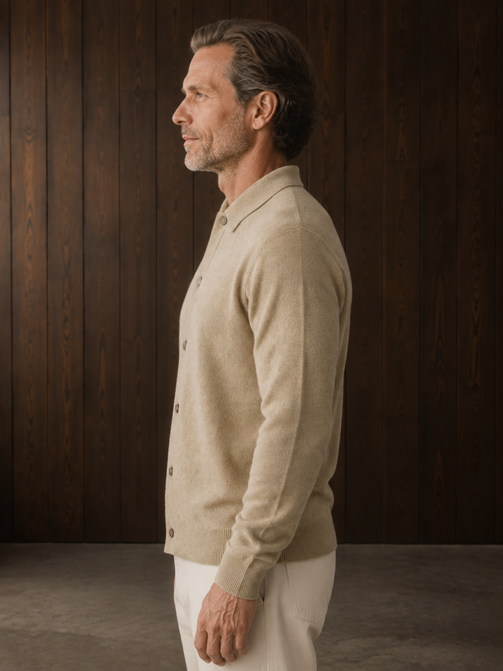 Lapel Collar Button Knit Cardigan - Beige side view